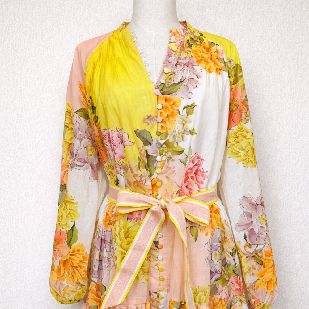 ANTONIO MELANI Brynn Floral Mock Neck Button Front Tie Waist Dress | Size 10 - Picture 3 of 5